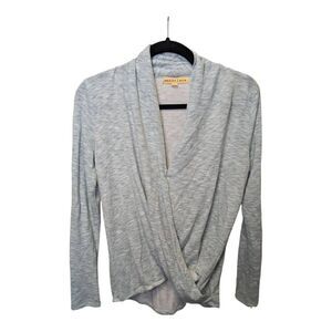 Mesh+Lace Draped Twist Long Sleeve Top Light V-Neck Gray Women's Size Extra Smal